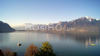 Time Lapse. The Morning Rises Over The Lake Geneva.