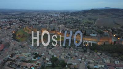 Carcassonne Old City Illuminated At Dusk - Video Drone Footage