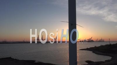 Wind Turbine Blades Close Up At Sunset At Port De Fos, Marseille, France – Aerial Video Drone Footage