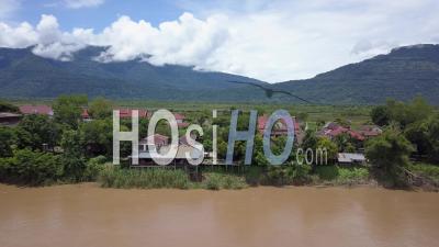 Village Champassak On Mekong - Video Drone Footage