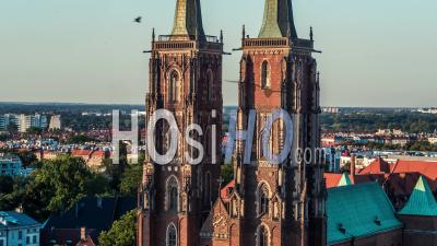 Towers Of Cathedral Of St. John The Baptist, Katedra Swietego Jana Chrzciciela, Old Town, Stare Miasto, Wroclaw - Video Drone Footage