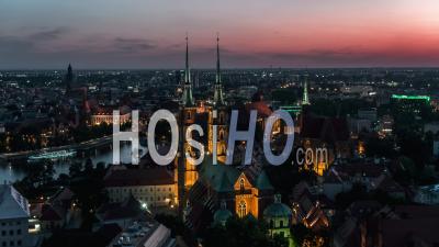 Cathedral Of St. John The Baptist, Katedra Swietego Jana Chrzciciela, Old Town, Stare Miasto, Wroclaw, Night - Video Drone Footage