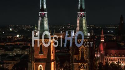 Towers Of Cathedral Of St. John The Baptist, Katedra Swietego Jana Chrzciciela, Old Town, Night, Wroclaw - Video Drone Footage