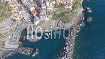 Aerial View Of Manarola Homes And Coastline. La Cinque Terre Italy - Video Drone Footage