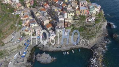 Aerial View Of Manarola Homes And Coastline. La Cinque Terre Italy - Video Drone Footage