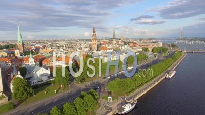 Riga Cityscape From Daugava River, Latvia - Video Drone Footage