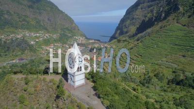 Clock Tower And Village Sao Vicente Madeira Island Drone Video Portugal - Video Drone Footage