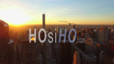 Nyc New York Usa Flying Low Backwards Over Midtown And West Side Manhattan At Sunrise - Video Drone Footage