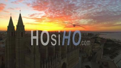 Sunrise Over La Seu Cathedral Palma De Mallorca Spain - Video Drone Footage