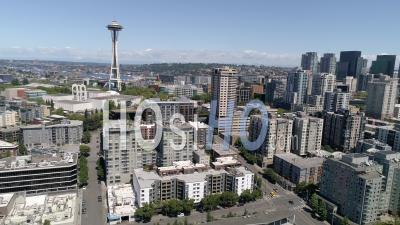 Pacific Northwest Seattle Washington Drone Video Of The Waterfront Downtown Cityscape With Space Needle - Video Drone Footage