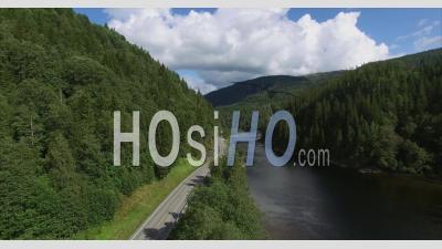 Mountain Road And River In Steinkger Norway - Video Drone Footage