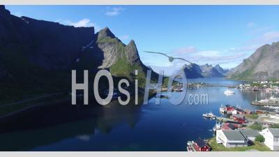 Small Fishing Village Of Lofoton Norway With Mountains And Fjord - Video Drone Footage