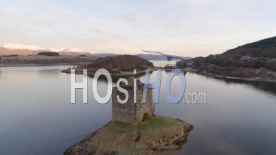 Stalkers Castle A Fourstorey Tower House Or Keep On A Tidal Islet On Loch Laich, An Inlet Off Loch Linnhe, Lynn Of Lorn National Scenic Area, Scotland. - Video Drone Footage