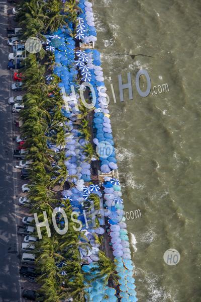Crowded Holiday Tourist Beachs With Umbrellas Thailand - Aerial Photography