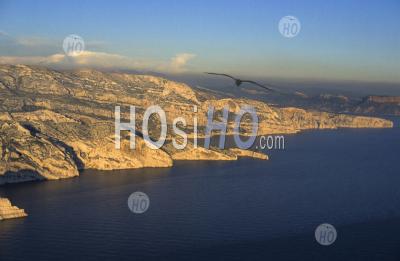 Rocky Coast Of Les Calanques Between Morgiou Cape And Castelvieil Point At Sunset, Marseille, France. - Aerial Photography