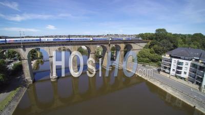 Aerial View Of The Viaduct On The River Mayenne In Laval, France, In Summer - Video Drone Footage