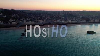 Arromanches Les Bains At Sunset, Calvados, Normandy - Video Drone Footage