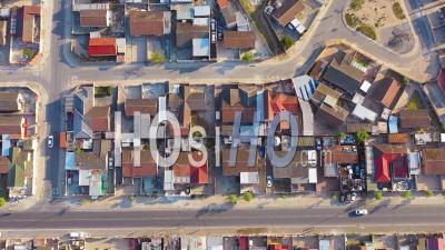 Straight Down High Aerial View Contrasting Neighborhoods Above Ramshackle Township Of Gugulethu, One Of The Poverty Stricken Slums, Ghetto, Or Townships Of South Africa - Video Drone Footage