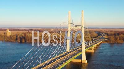 Aerial Video Drone Footage Of A Bridge Over The Mississippi River At Burlington, Iowa, Suggesting Infrastructure, Shipping, Trucking Or Transportation