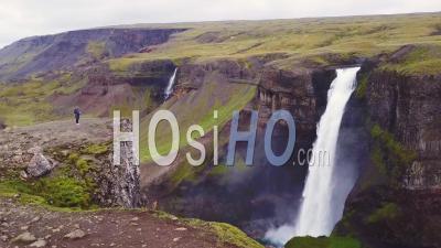 Aerial View Over The Beautiful And Amazing High Waterfall Of Haifoss In Iceland - Video Drone Footage