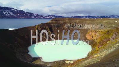 Aerial View Over A Massive Caldera In The Askja Region Of Iceland Desolate Highlands - Video Drone Footage