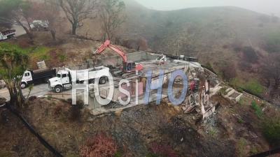 Aerial View Of A House Being Bulldozed On A Hillside In Ventura Following The Destruction Of Thomas Fire - Video Drone Footage
