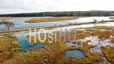 Aerial View Over Vast Bogs Along The Nonesuch River Near Portland, Maine, New England - Video Drone Footage