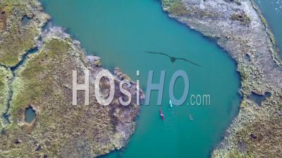 Aerial View Over Kayakers Rowing Through Vast Bogs Along The Nonesuch River Near Portland, Maine, New England - Video Drone Footage