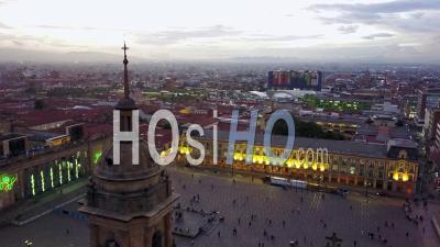Aerial View Over Downtown Bogota, Columbia And Catholic Church Cathedral Primada On Plaza Bolivar - Video Drone Footage