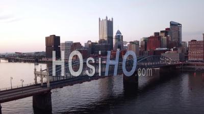 Night Aerial View Over Pittsburgh, Pennsylvania Downtown Skyline - Video Drone Footage