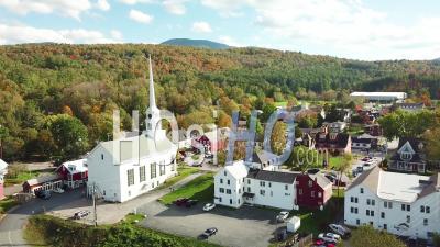 Aerial View Over Stowe Vermont Perfectly Captures Small Town America Or New England Beauty - Video Drone Footage