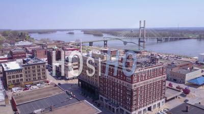 Aerial View Over Small Town America Burlington Iowa Downtown With Mississippi River Background - Video Drone Footage