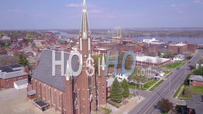Aerial View Over Small Town America Church In Burlington Iowa - Video Drone Footage