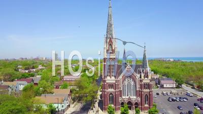 Aerial View Around A Church And Steeple On The South Side Of Chicago, Illinois - Video Drone Footage