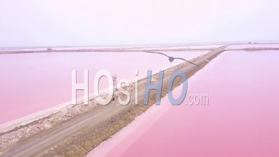 Aerial View Over A Woman Jogging Or Running On A Colorful Pink Salt Flat Region In Namibia, Africa - Video Drone Footage