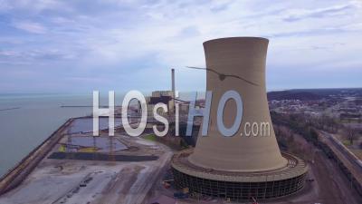 Aerial View Over A Nuclear Power Plant On Lake Michigan - Video Drone Footage