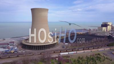 Aerial View Over A Nuclear Power Plant On Lake Michigan - Video Drone Footage