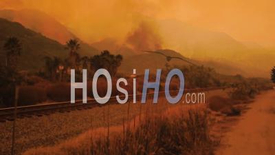 Aerial View Over The Huge Thomas Fire Burning In The Hills Of Ventura County Near The 101 Freeway - Video Drone Footage