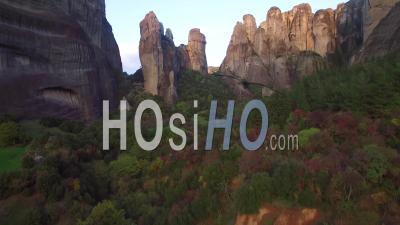 Aerial View Over The Rock Formations Of Meteora, Greece - Video Drone Footage