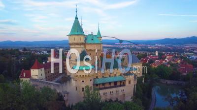 Aerial View Of The Romantic Bojnice Castle In Slovakia At Dusk - Video Drone Footage