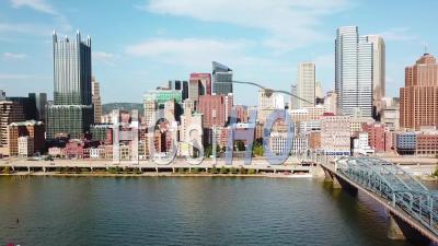 Aerial View Over Pittsburgh, Pennsylvania Downtown Skyline - Video Drone Footage