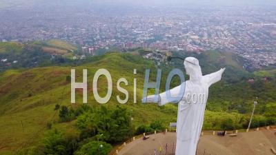 Aerial View Around The Cristo Rey Statue In Cali, Colombia - Video Drone Footage