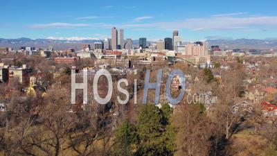 Aerial View Of Downtown Denver Colorado Skyline And Business District From City Park - Video Drone Footage