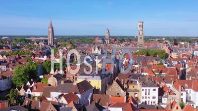 Aerial View Of The Skyline Of Bruges Belgium Includes Belfort Van Brugge And Other Landmarks - Video Drone Footage