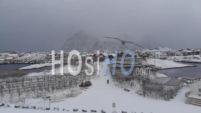 Henningsvaer Famous Soccer Pitch Under The Snow During A Strong Snow Storm - Video Drone Footage