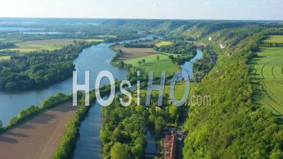 Aerial View Over The Seine River Valley Near Les Andelys, France - Video Drone Footage