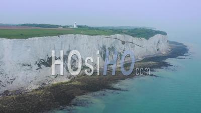 Aerial View Of The South Foreland Lighthouse And The Cliffs Of Dover Overlooking The English Channel - Video Drone Footage