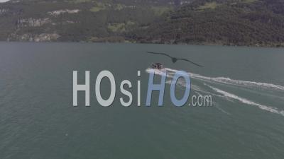 Aerial View Of Water Skiing Wakeboard On Alke In Interlaken, Switzerland - Video Drone Footage
