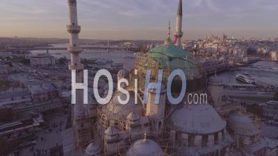 Aerial View Of Istanbul Turkey Old City Skyline With Mosques And Bosphorus River Bridges Distant - Video Drone Footage