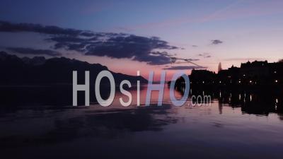 Lights Of Montreux On The Lake Geneva By Night - Video Drone Footage